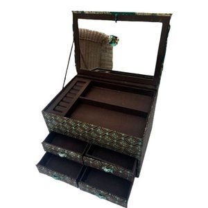 Pier 1 Jewelry Box Fabric Cover Brown Aqua 3 Levels 4 Drawers Mirror